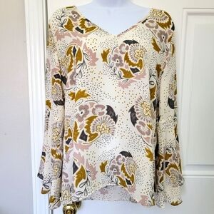 Kenar Women's Blouse V Neck Bell Sleeve Ivory Gold Pink Floral Career Size Small